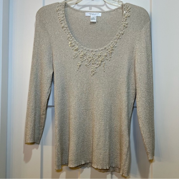 Women's August Silk Sweater Gold Metallic w/Pearls 3/4-Sleeve XLARGE - Picture 1 of 11
